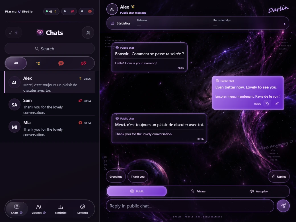 Actual Plasma conversations with fictional members; French messages and a translated reply