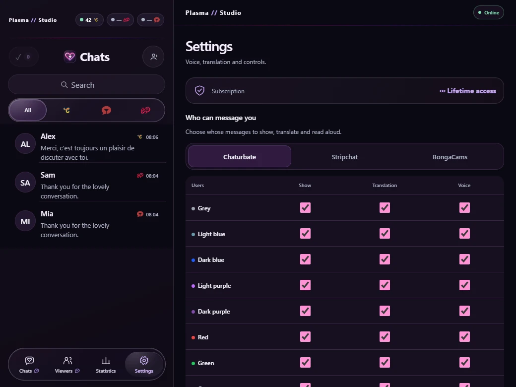Actual Plasma language, voice, translation and message-filter settings